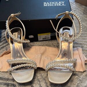 Badgley Mischka Flame Pearl Adorned Off White Heels